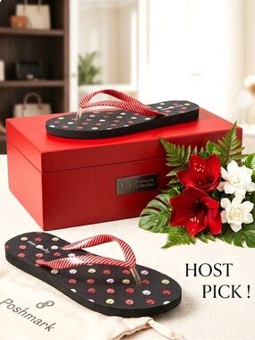 Vera Bradley Black Polka Dot Flip Flops Red Striped Straps Size 6